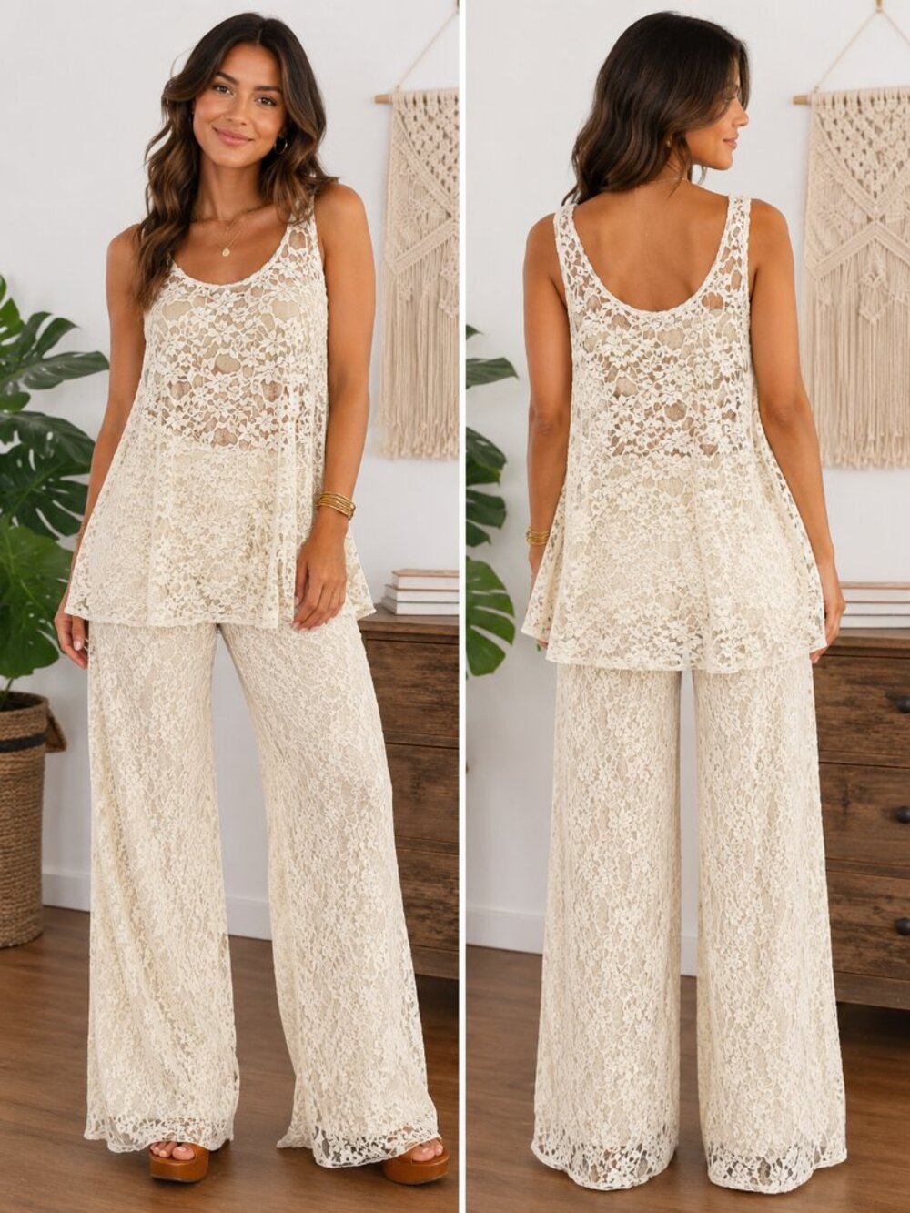 🤍✨ Pyramid Collection Lace Pantsuit Ecru/Ivory | Pants Size L | Top Size XL ✨🤍